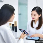 Home 23 뷰티컨설턴트 주요 업무 정리 - A professional Vietnamese skincare consultant in a modern beauty salon setting, attentively listenin...
