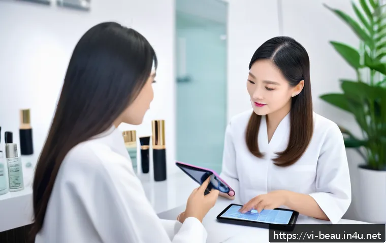 뷰티컨설턴트 주요 업무 정리 - A professional Vietnamese skincare consultant in a modern beauty salon setting, attentively listenin...