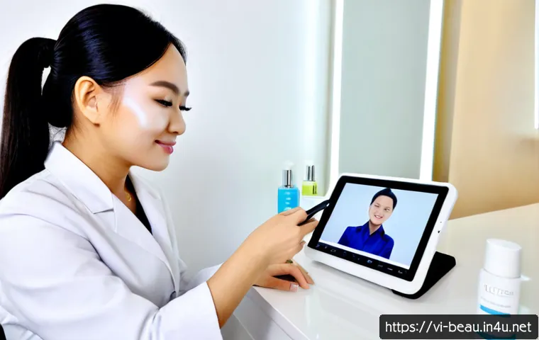 Home 17 뷰티컨설턴트 AI 기술 활용 - Photorealistic Vietnamese beauty consultant in a bright modern Hanoi skincare studio, using a sleek ...
