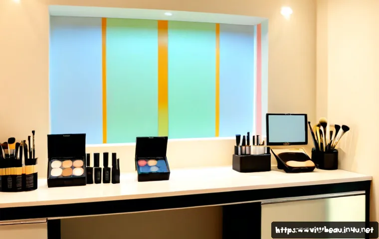 Home 17 뷰티컨설턴트 필수 도구 및 자료 - Photorealistic beauty consultant workspace in a modern Vietnamese salon, neatly arranged professiona...